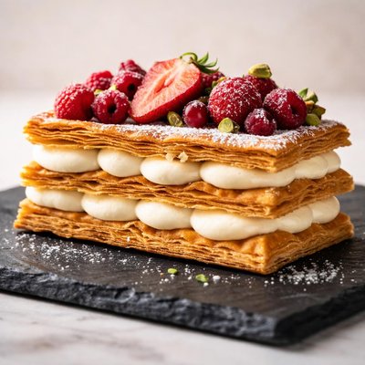 Layered pastry with topping