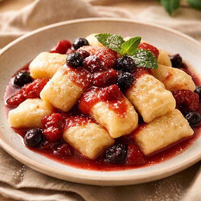 Lazy dumplings with fruit sauce
