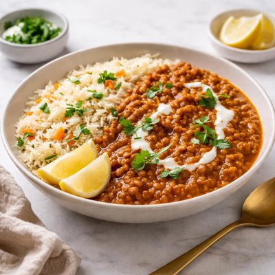 Lentil curry with pilaf rice