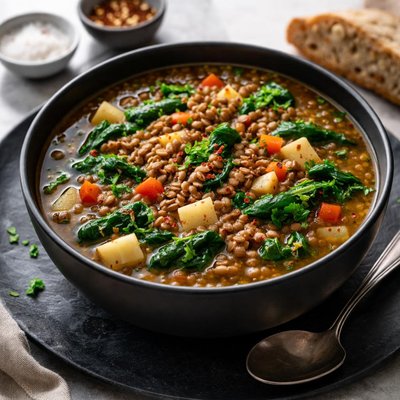 Lentil soup with spinach and veggies