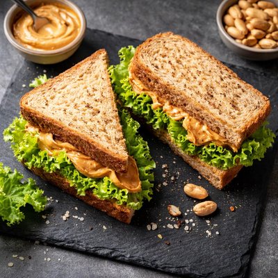 Lettuce and peanut butter brown bread sandwich