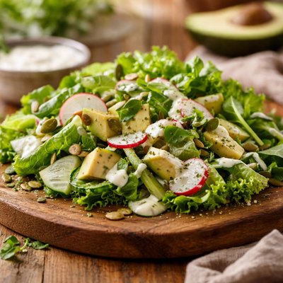 Lettuce salad with avocado and yogurt dressing