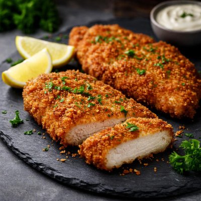 Lightly breaded fried fresh chicken cutlet