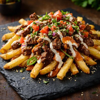Loaded fries with meat and sauce
