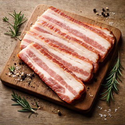 Tocino de cerdo local en rebanadas gruesas