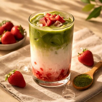 Low fat strawberry matcha latte