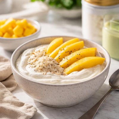 Lowfat greek yogurt with ryse protein powder and mango slices