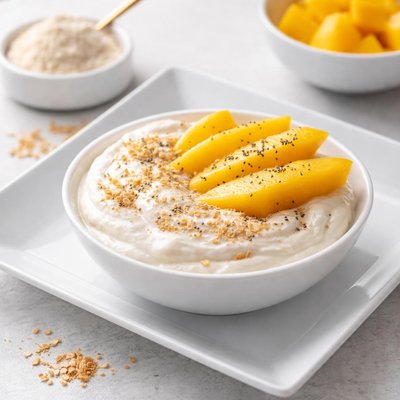 Yogur griego bajo en grasa con polvo de proteína de arroz y rodajas de mango