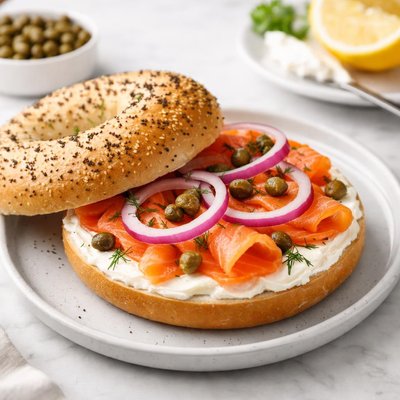 烟三文鱼和百吉饼配红洋葱和酸豆