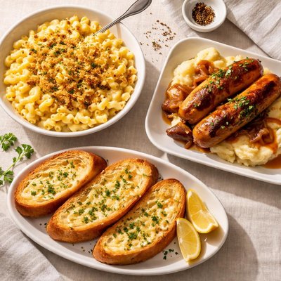 Mac and cheese with garlic bread sausage and mash