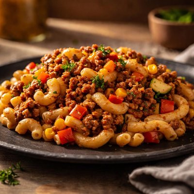 Macaroni and beef with vegetables