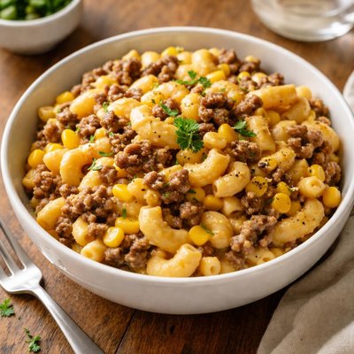 通心粉和芝士配上牛肉和玉米