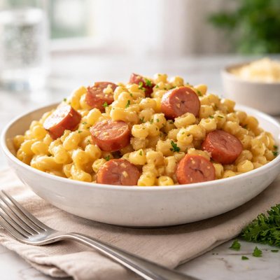 Macaroni and cheese with hot dogs