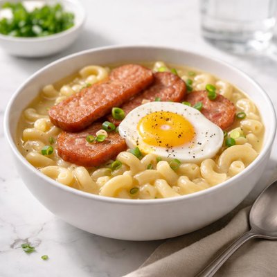 Macaroni soup with egg and spam
