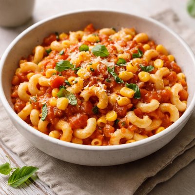 Macaroni with corn and tomato sauce