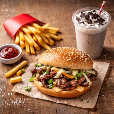 Hambúrguer do McDonald's com batata frita e milkshake