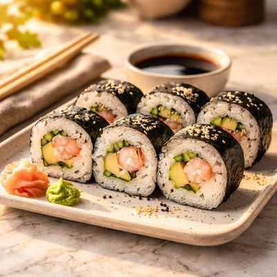 Maki mit Garnelen und Avocado