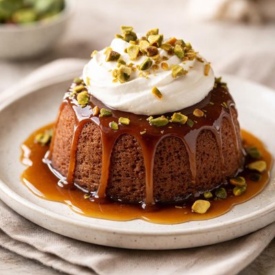 Malva pudding with whiped cream and candies pistashios