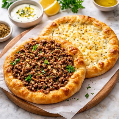 Manakish with meat and cheese