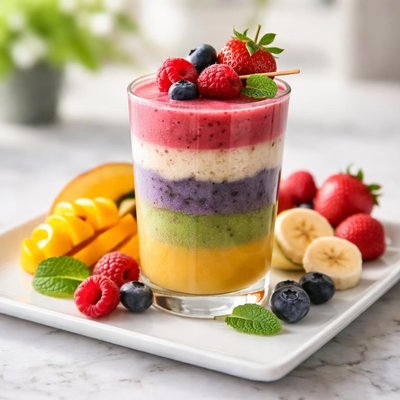 芒果苹果蓝莓香蕉草莓和覆盆子冰沙