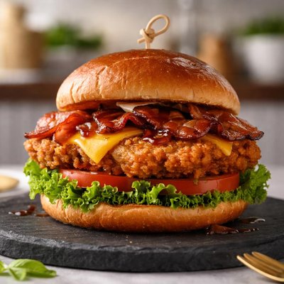 Maple bacon fried chicken burger