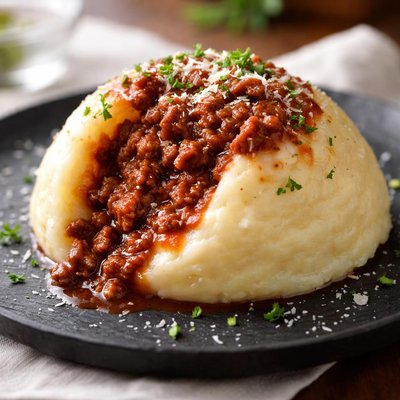 Mashed potato dome with meat sauce