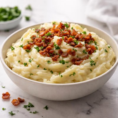 Mashed potatoes with bacon bits and greens