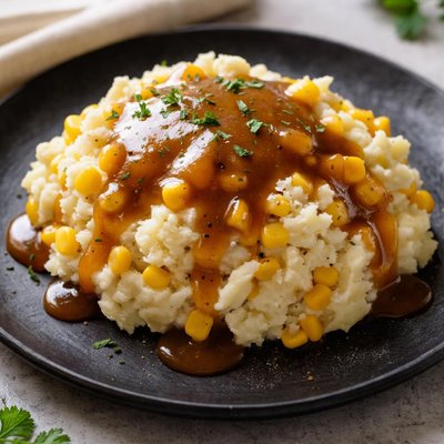 Mashed potatoes with corn and gravy