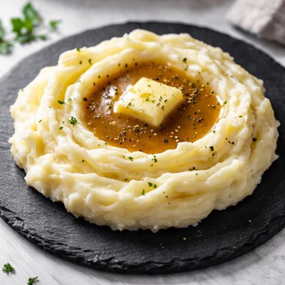 Mashed potatoes with gravy and butter