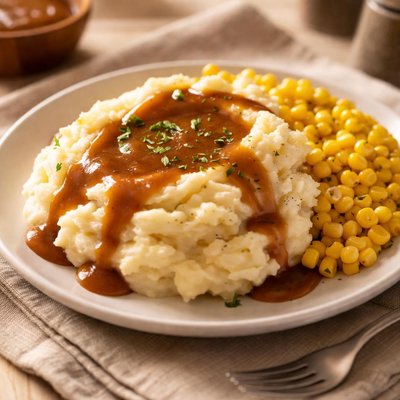 Mashed potatoes with gravy and corn