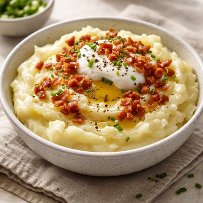 Mashed potatoes with sour cream and bacon bits