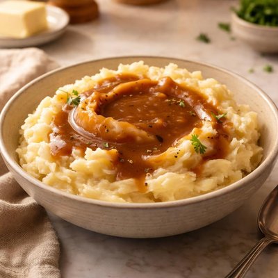 Puré de papas y salsa de carne
