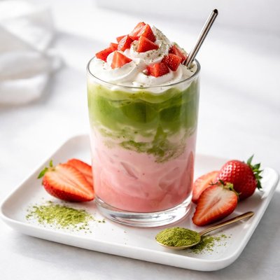 Matcha latte with strawberries