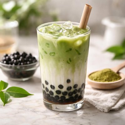 Matcha milk tea with boba