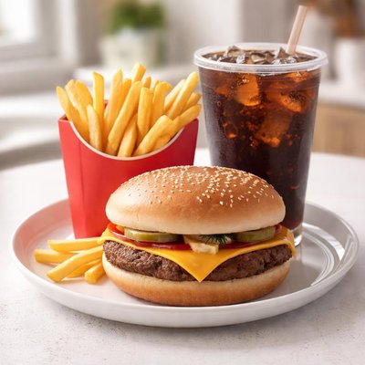 Mcdonalds cheese burger with medium fries and fountain drink