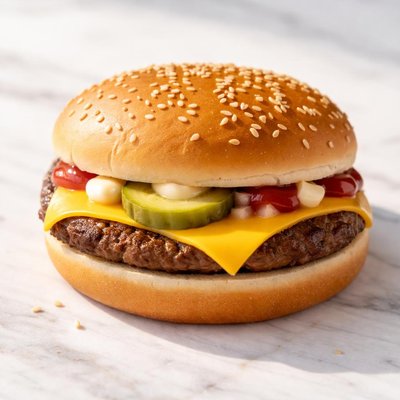 麦当劳芝士汉堡配蕃茄酱、美乃滋和一片酸黄瓜
