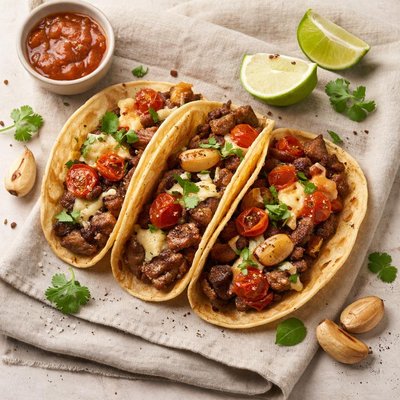 Tacos à la viande et au ketchup et à l'ail rôti et au fromage
