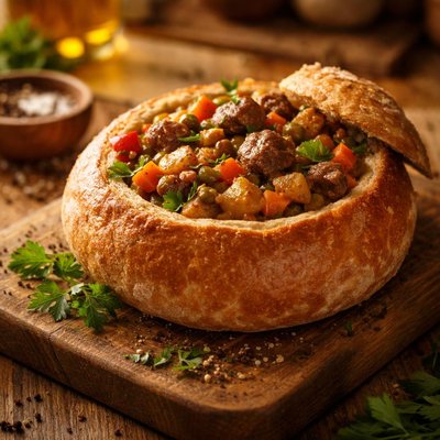 Meat and vegetable bread bowl