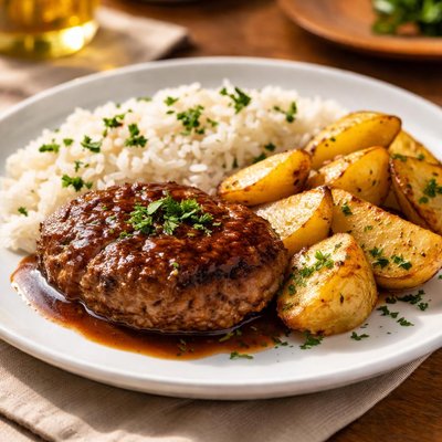 Pastel de carne con papas y arroz