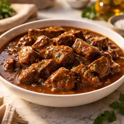 Meat pieces in brown sauce