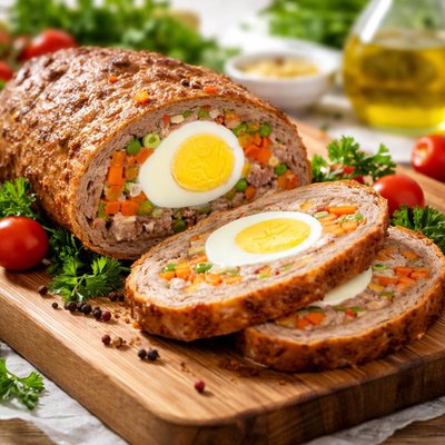 Meat roll with egg and vegetables