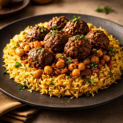 Meatball chick peas rice with saffron