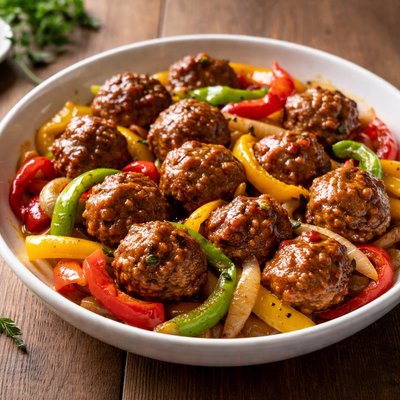 Meatballs with bell peppers and onions