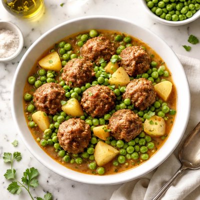 Meatballs with peas and potatoes
