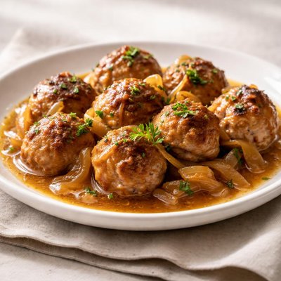 Meatballs with sauce and onions