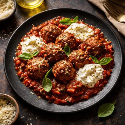 Meatballs with sauce and ricotta