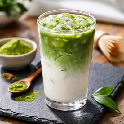 Mittlerer Eistee Matcha Latte mit Vollmilch und ohne Zucker