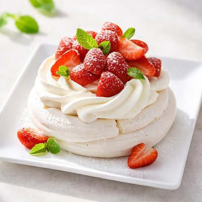 Meringue with whipped cream and strawberries