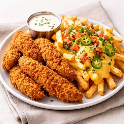 墨西哥鸡柳配薯条撒满奶酪酱