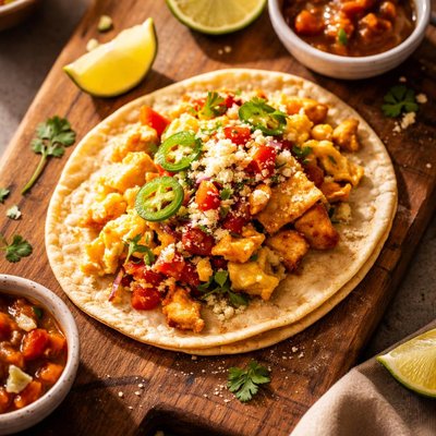 Taco di colazione con migas e tortilla di mais